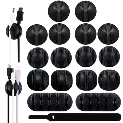 Adhesive Cable Clips Organizer 16 Pack Black Cord Holders for Desk Under Computer, Strong Sticky Wire Management Clips for Home Office TV Car Mouse Nightstand Accessories