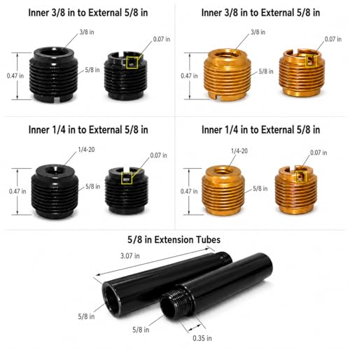 16 Pack Mic Stand Adapter Screws with Extension Tube, Microphone Stand Adapter Kit, Black Aluminum Alloy, 5/8 to 3/8, 3/8 to 5/8, 1/4 to 5/8 Threaded Mount for Mic Boom Arm, Tripod & Fill Light