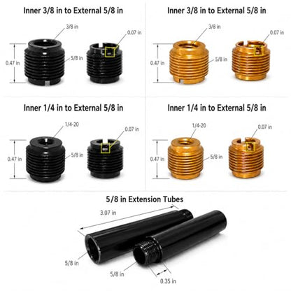 16 Pack Mic Stand Adapter Screws with Extension Tube, Microphone Stand Adapter Kit, Black Aluminum Alloy, 5/8 to 3/8, 3/8 to 5/8, 1/4 to 5/8 Threaded Mount for Mic Boom Arm, Tripod & Fill Light