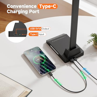 ShineTech LED Desk Lamp with USB-C Charging Port, Dimmable Desk Lamp for Home Office, Eye-Caring Reading Lamp with 25 Lighting Modes, Small Desk Light for Bedroom Nightstand with Adapter - color: Black