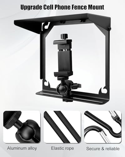 Upgrade Cell Phone Fence Mount with Shade Fit for iPhone GoPro Mevo Start and Other Action Cameras, Fence Phone Holder Suitable for Recording Various Ball Games, Multi-Point Adjustable, Black