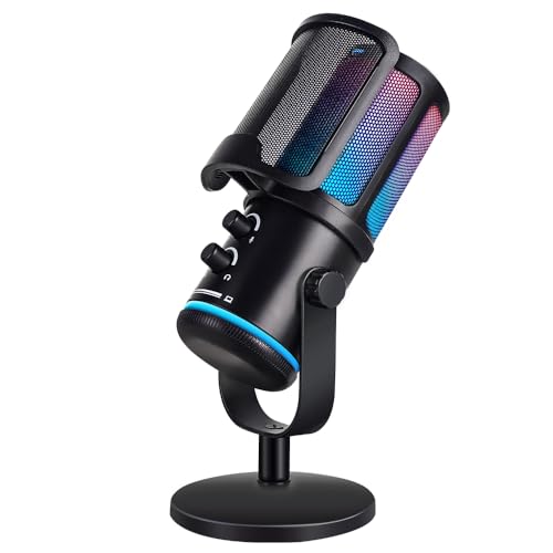 UP-S Condenser Microphone for Gaming PC/PS5 - RGB USB with Noise Cancellation & Tap-to-Mute - Triple-Knob Control Desktop Stand Mic for Streaming, Podcasting YouTube Black - color: UP-S desktop
