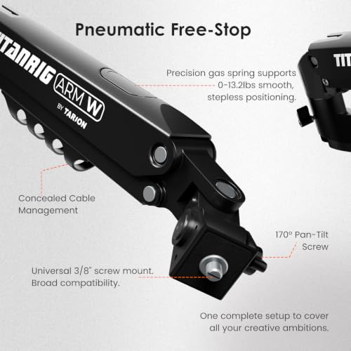 TARION Pneumatic Camera Mount 25" Modular 3-Section Titanrig Arm W | 0-13.2 lbs Load, Compatible with Titanrig 35mm Rod, Gas Spring Floating Arm, with 1/4" 3/8" Screw Ballhead, Phone Holder - size: Arm W (Pneumatic - Camera)