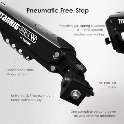 TARION Pneumatic Camera Mount 25" Modular 3-Section Titanrig Arm W | 0-13.2 lbs Load, Compatible with Titanrig 35mm Rod, Gas Spring Floating Arm, with 1/4" 3/8" Screw Ballhead, Phone Holder - size: Arm W (Pneumatic - Camera)
