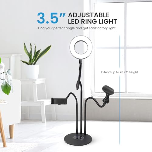 iDANCE 6-in-1 USB Desktop Media Stand, LED Ring Light Tripod with Phone Mount, Mic Stand & Remote, Adjustable 360° Arms, Desk Ring Light for Streaming, Recording & Content Creation