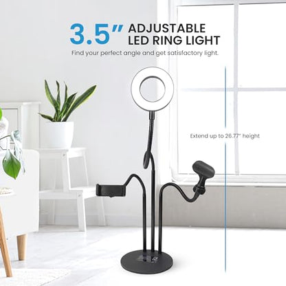 iDANCE 6-in-1 USB Desktop Media Stand, LED Ring Light Tripod with Phone Mount, Mic Stand & Remote, Adjustable 360° Arms, Desk Ring Light for Streaming, Recording & Content Creation