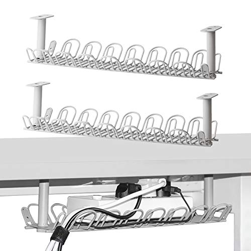 2 Packs Cable Management Tray, 14 inch Under Desk Cable Holder for Wire Organization, Heavy Metal Cord Organizer Ideal for Computer Home Office Standing Desks to Hide Power Strips (Gray)