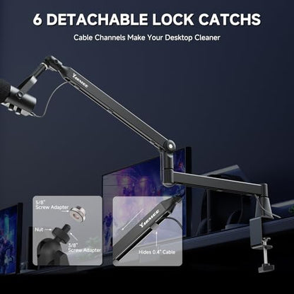 Mic Arm with 3.95" Extension Rod, Low Profile Mic Stand, Cable Management, 360° Rotatable Boom Arm with C-Clamp, 3/8" to 5/8" Metal Screw