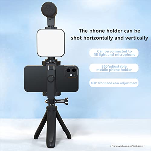 Andoer Smartphone Vlogging Kit Tripod Phone Holder + Microphone + Video Light + Clip + 3.5mm TRS to TRRS Audio Cable for Live Stream Video Recording