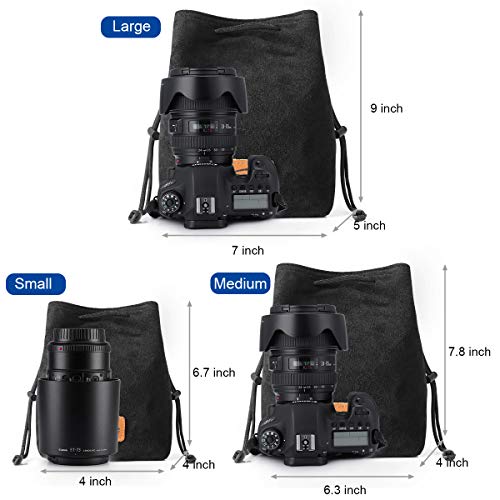 S-ZONE Soft Camera Bag DSLR Insert Handbag Drawstring Lens Case Compatible with Canon Nikon Sony | Soft Suede, Drawstring closure, Dust-proof, Scratch-resistant, Compatible with Canon Nikon Sony - color: Black, size: Large