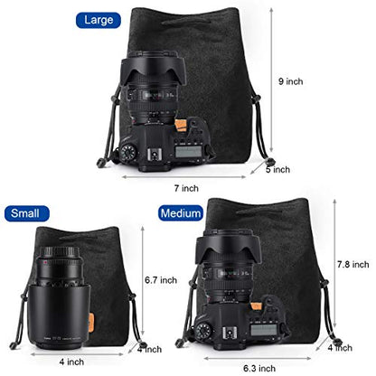 S-ZONE Soft Camera Bag DSLR Insert Handbag Drawstring Lens Case | Soft Suede, Drawstring closure, Dust-proof, Scratch-resistant, Compatible with Canon Nikon Sony - color: Black, size: Small
