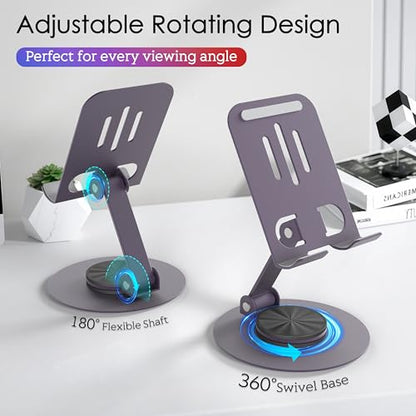 Metal Cell Phone Stand for Desk, Multi-Angel Adjustable 360° Rotation Desktop Phone Holder and Foldable Mobile Phone Stand, Compatible with iPhone 17 16 Pro Max and All Smartphones, Purple - color: Purple