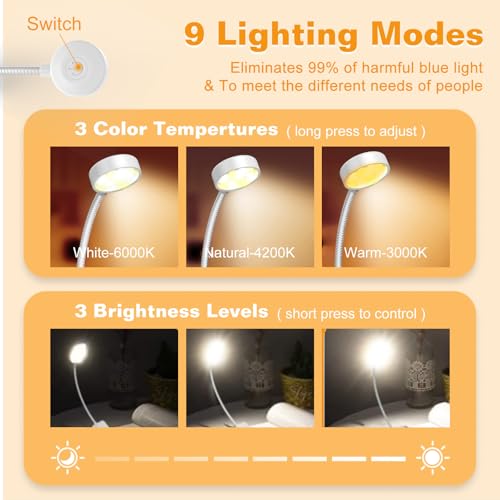 KTEBO 2 Pack Rechargeable Book Light Clip-On Reading Light for Books in Bed | 9 eye-friendly modes from 3 color temperatures and 3 brightness, USB-C up to 30 hrs - Black & White - color: Black & White