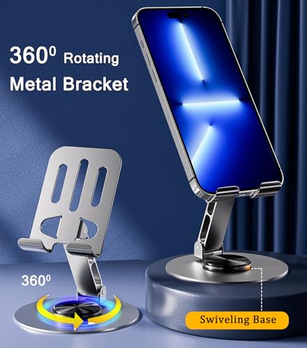 Desktop Phone Holder, Metal Cell Phone Stand for Desk, Fully Adjustable/Foldable/360 Degree Rotating Phone Cradle Dock for iPhone iPad and More Cellphone/Tablet/Switch-Silver Grey