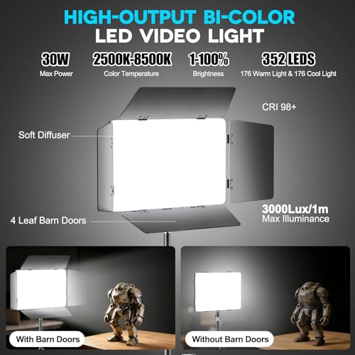 2 Pack LED Video Light Kit 79'' Tripod Light Stand, 30W 3000Lux Photography Light with Barndoor, CRI 98+ 2500K-8500K Studio Lights Panel Podcast Lighting for Video Recording/Game Live Streaming - size: 79" Tripod Stand