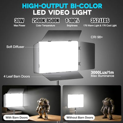 2 Pack LED Video Light Kit 79'' Tripod Light Stand, 30W 3000Lux Photography Light with Barndoor, CRI 98+ 2500K-8500K Studio Lights Panel Podcast Lighting for Video Recording/Game Live Streaming - size: 79" Tripod Stand