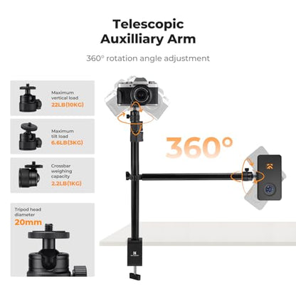 K&F CONCEPT Desk Mount Stand with Extension Arm, 37-91cm Adjustable Overhead Camera Mount, 1/4" Ball Head & 3/8" Adapter, C-Clamp for Ring Light, DSLR Camera, Smartphone, Live Streaming, Video