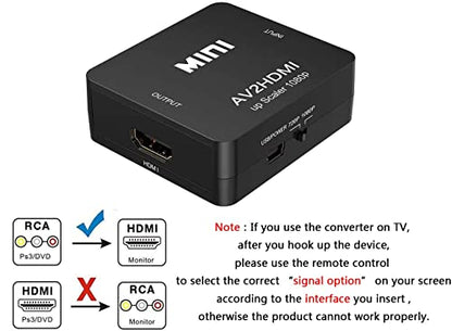 RCA to HDMI Converter, 1080P RCA Composite CVBS AV to HDMI Video Audio Converter Adapter Compatible with N64 Wii PS2 Xbox VHS VCR Camera DVD, Support PAL/NTSC with USB Power Cable
