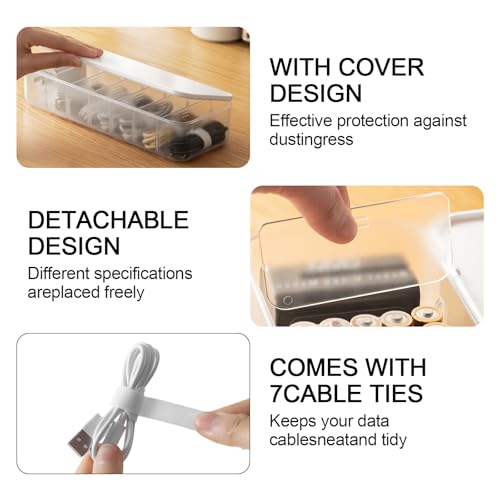 Cable Organizer Box with 14 Wire Ties and 6 Magnetic Cable Clips, Desktop Cord Management Box with Dividers and Lid for Home Office Storage – White - size: 2-Pack