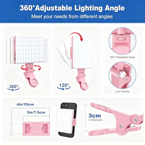 Selfie Light, Phone Light with Front & Back Clip, 60 LED Portable Light with 3 Modes, 5000mAh Rechargeable Video Light for Phone, iPhone, IPad, Laptop, TikTok, Makeup, Lighting Monolights(Pink) - color: Pink