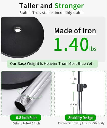 Mic stand desk, heavy metal base, adjustable height up to 16.5 inches, easily assembled, classical and sturdy (mirror)