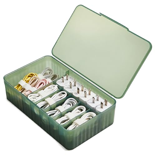 Cable Organizer Box Extra Wide, Travel Charger Cord Earphone Storage Case with Lid (Dark Green) - color: Dark Green