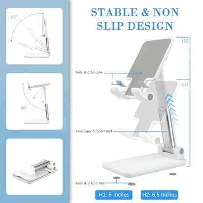 Cell Phone Stand, Adjustable Angle and Height Cell Phone Holder for Desk, Foldable and Portable, Anti-Slip Silicone Pad, Compatible with All Mobile Phones and 4-8 Inch Devices, White - color: White