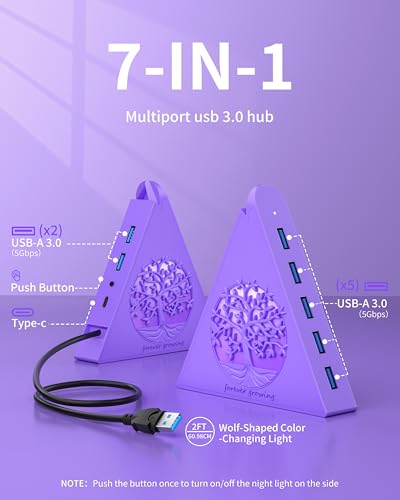 7-Port USB 3.0 Hub, Deep Purple Vertical USB Expander with Tree RGB Lighting, 5Gbps Data Transfer, 2FT Cable, Compatible with Laptop, Desktop, PS5, Xbox, Printer, Flash Drive, HDD - color: 3-Tree Deep Purple