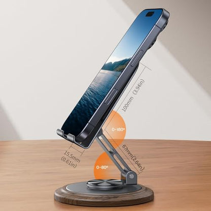 Foldable 360° Rotating Phone Stand for Desk | Cellphone Stand with Anti-Slip Base Portable Phone Holder for iPhone 17 16 15 14 13 Pro Max, All Smart Phones, iPad - color: Wood Grain Black