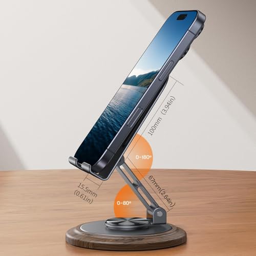 Foldable 360° Rotating Phone Stand for Desk | Cellphone Stand with Anti-Slip Base Portable Phone Holder for iPhone 17 16 15 14 13 Pro Max, All Smart Phones, iPad - color: Wood Grain Black