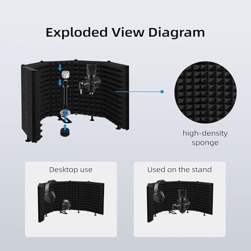5-Panel Foldable Microphone Isolation Shield – Portable Soundproof Vocal Booth for Recording, Studio Mic Shield Compatible with Blue Yeti and Other Microphones - size: Five panels