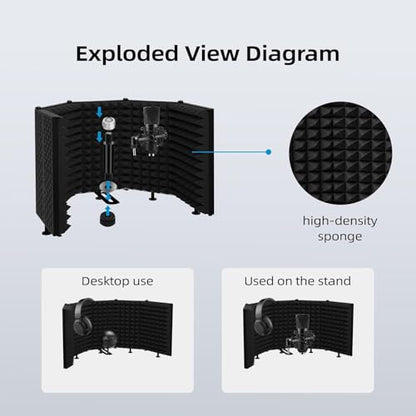 5-Panel Foldable Microphone Isolation Shield – Portable Soundproof Vocal Booth for Recording, Studio Mic Shield Compatible with Blue Yeti and Other Microphones - size: Five panels