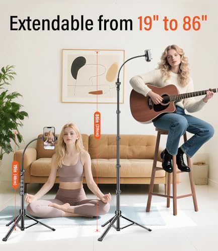 Phone Tripod, 86" Tall Tripod Stand with Gooseneck and Remote, Suitable for Recording Fitness Vlog Watching Cooking, Compatible with Smartphone, Camera, 1 Pcs - size: 86 inch