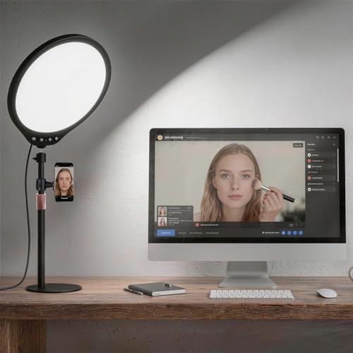 10W 12" Ring Light with Desk Stand & Phone Holder, Dimmable 360° Rotatable LED Full Screen Computer Lamp for Zoom Meetings, Streaming, Gaming, TikTok,YouTube,Videos with Night Light Mode