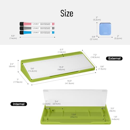 LOUKIN Glass Desktop Whiteboard, 15.3" x 5.6" Dry Erase Desk Board with Dotted and Graduated Surface, Desktop Buddy, Great for Design and Drawing, 3 Markers and 1 Dry Erase Eraser Included (Green) - color: Green
