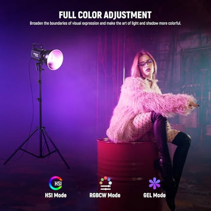NEEWER 130W RGB LED Video Light APP/2.4G Control 17 Effects, 2500-7500K 19800lux/1m COB Continuous Lighting Output with CRI97/TLCI98 4 Dimming Curves, Bowens Mount Spotlight for Studio Shoots, FS150C