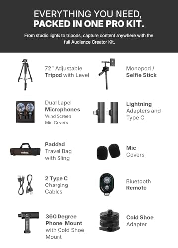 Audience Vlogging Kit for iPhone & Android — 72" Tripod with Dual Wireless Mics, LED Light, Phone Mount, Bluetooth Remote & Travel Case