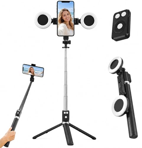Black Tripod for iPhone with Light, Ring Light Holder for iPhone, Adjustable Selfie Stick Stand with Fill Light, Extendable Phone Tripod for Video Recording, Live Streaming, and Photography - color: Black