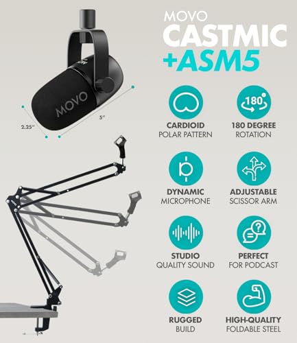 Movo Portable Podcast Equipment Bundle for iPhone/Android Phones- Podcast Kit with Audio Interface, 2 CastMic Dynamic Mics, 2 Stands - For Smartphones, Computers (with Boom Arms and Headphones)