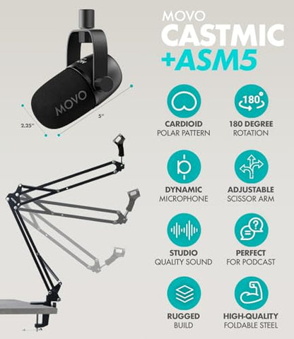 Movo Portable Podcast Equipment Bundle for iPhone/Android Phones- Podcast Kit with Audio Interface, 2 CastMic Dynamic Mics, 2 Stands - For Smartphones, Computers (with Boom Arms and Headphones)