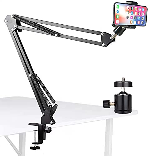 Overhead Tripod Mount for Camera Webcam Ring Light, Over Head Articulating Arm with Phone Holder and Ball Head, Desktop Suspension Scissor Accessory for Live Streaming,Video Recording - color: New-Black