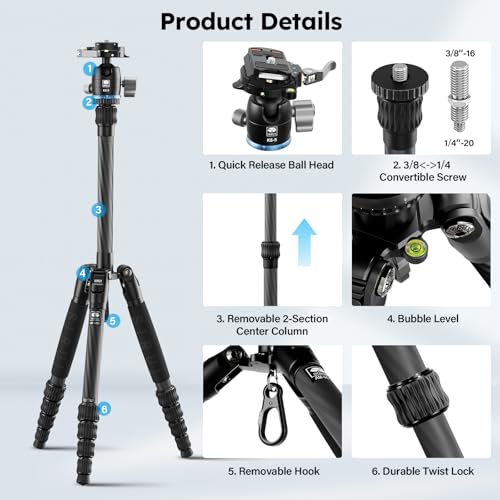 SIRUI Carbon Fiber Travel Tripod - Lightweight 55.1" Compact Tripod with 360° Panorama Ball Head, Quick Release Plate (AM-025K+KS-5) - size: AM-025K+KS-5 - 55.1 inches