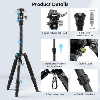 SIRUI Carbon Fiber Travel Tripod - Lightweight 55.1" Compact Tripod with 360° Panorama Ball Head, Quick Release Plate (AM-025K+KS-5) - size: AM-025K+KS-5 - 55.1 inches