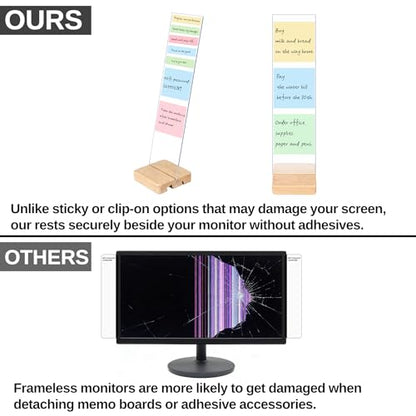 2-Pack Monitor Memo Board, Monitor Sticky Note Holder for Desktop, Portable Removable Office Desk Board Wooden Phone Holder with Stick Notes, Clear
