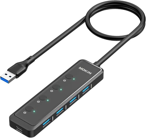 MOKiN USB 3.0 Hub, 5-Port Ultra Slim Data USB Extender with 4*USB A 3.0 Ports + USB C Power Port for Laptop, Chromebook, Dell Acer and More, 2FT Extended Cable… - color: black
