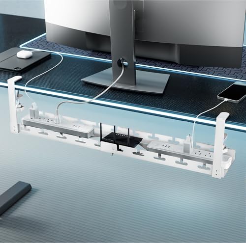 ARES WING 17"-28.7" Extendable Under Desk Cable Management Tray with Cable Slots, Clamp On Cord Organizer Holds Up to 11 lbs, White Metal Under Desk Storage for Office and Gaming Accessories - color: White
