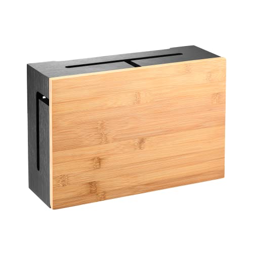 Bamboo Cable Management Box with Magnetic Lid - 12,6x7,8x4.3 in - Durable Cable Organizer to Hide Cords & Power Strip - Wall Mountable - Including Hardware - for Home, Office, Desk & More (Black) - color: Black