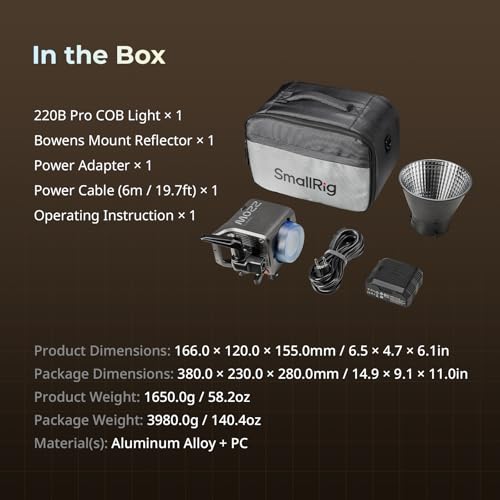 SMALLRIG RC 220B Pro 220W COB Video Light, Bi-Colour Video Light 2700K-6500K, CRI 95+ Bowens Mount Light, Support 3 Power Supply Methods, App Control for Photography and Photo Studio - color: Bi-Color