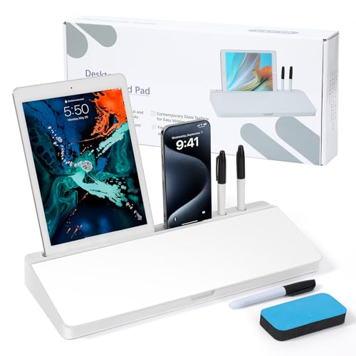 KVY Desk Whiteboard with Storage,Desktop Glass Dry Erase White Board Organizers Supplies with Accessories for Office, Home, School Essentials (White) - color: White
