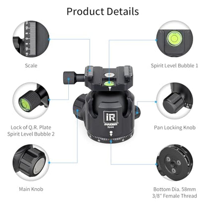 Low Profile Tripod Ball Head-INNOREL N44, Black, Panoramic CNC Metal Camera Tripod Ball Head with Two 1/4" Screw Arca Swiss Quick Release Plates for Tripod,Monopod,DSLR,Camcorder,Max Load 55lbs/25kg - size: N44-Black